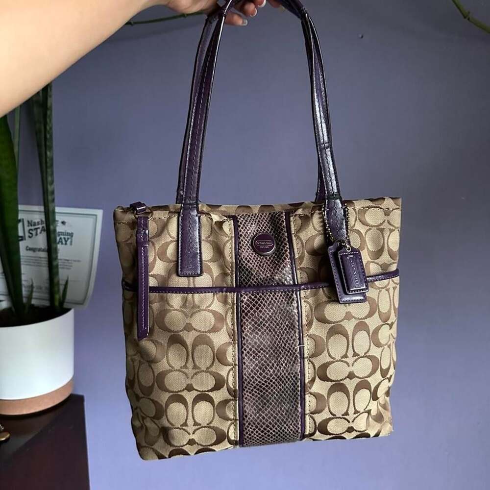 Coach Signature C Logo Tote Bag Brown Purple
